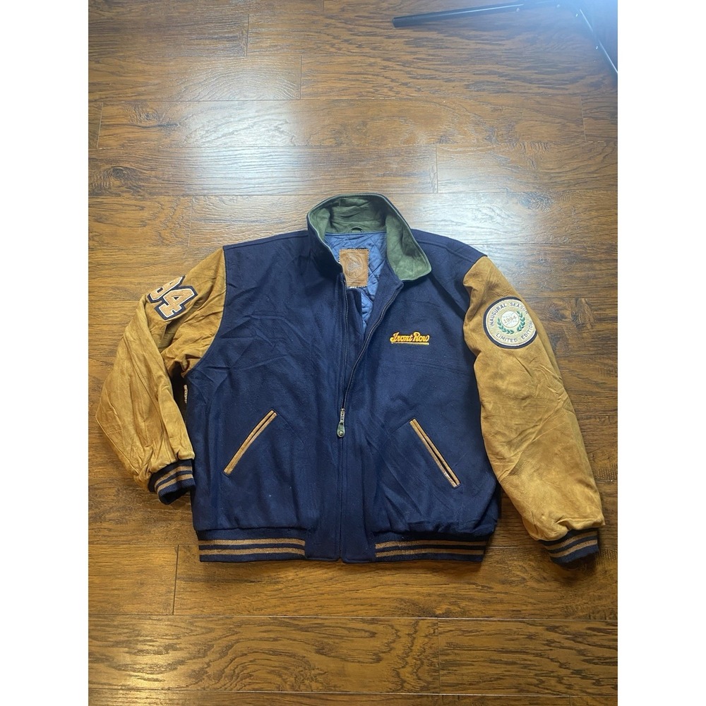 VTG 90s‎ Golden Bear Wool Leather Varsity Bomber Jacket Navy Brown Union USA 2XL